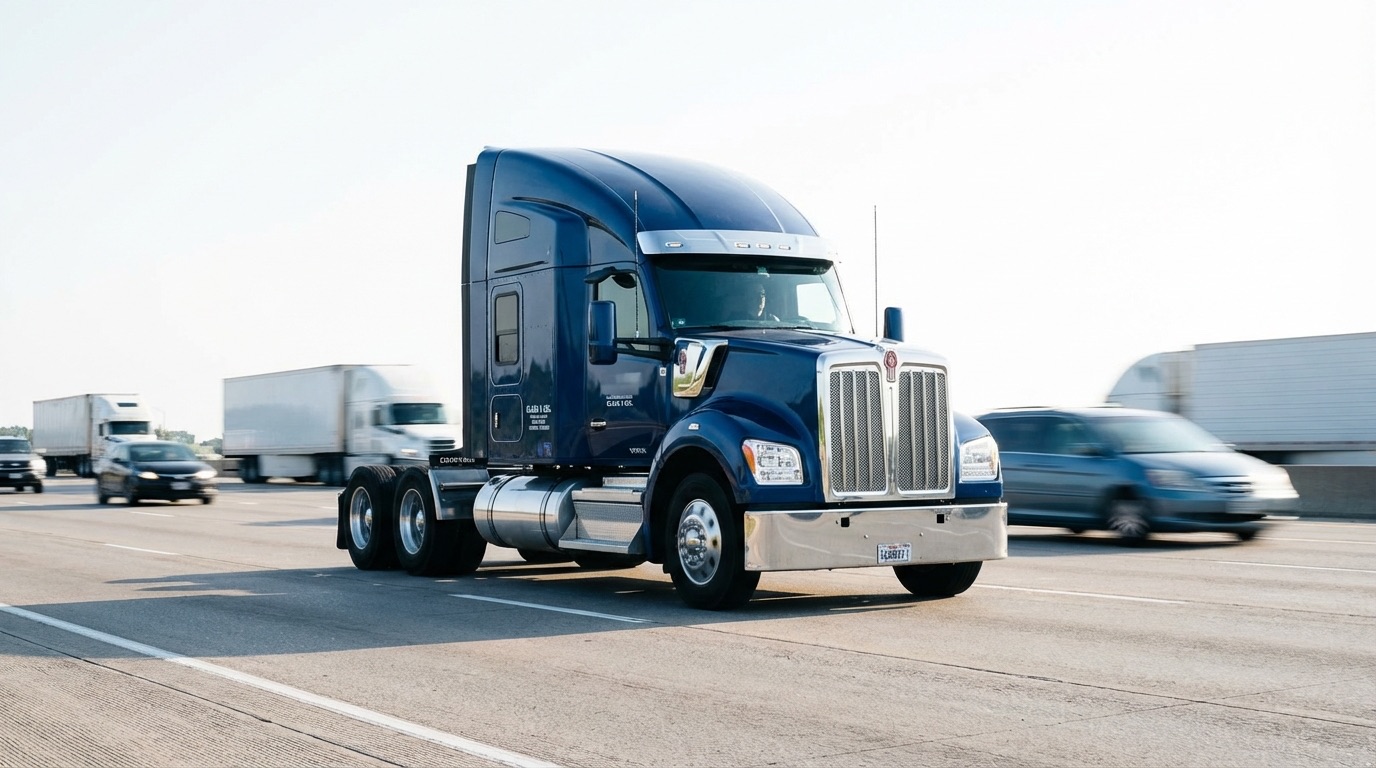 Class A tractor-trailer on a sunlit highway with traffic in motion blur