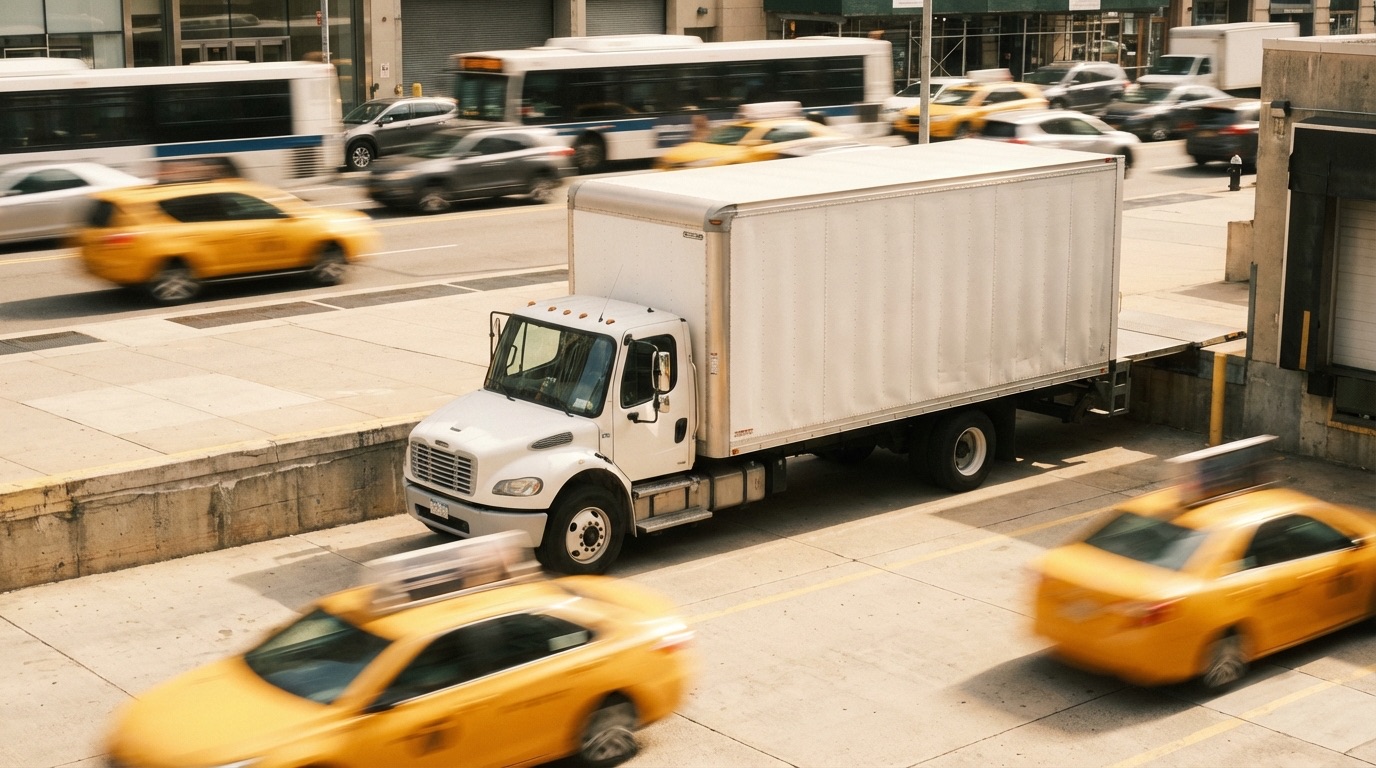 White Class B box truck at a city loading dock with taxis rushing past